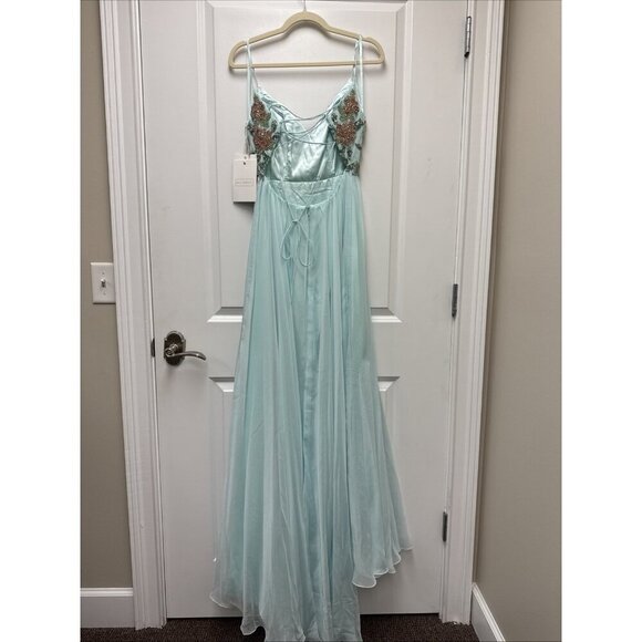 Mac Duggal Size 4 Aqua 67790 Floral Beaded Bodice Chiffon A-Line Giwn Dress $598 - Picture 7 of 11